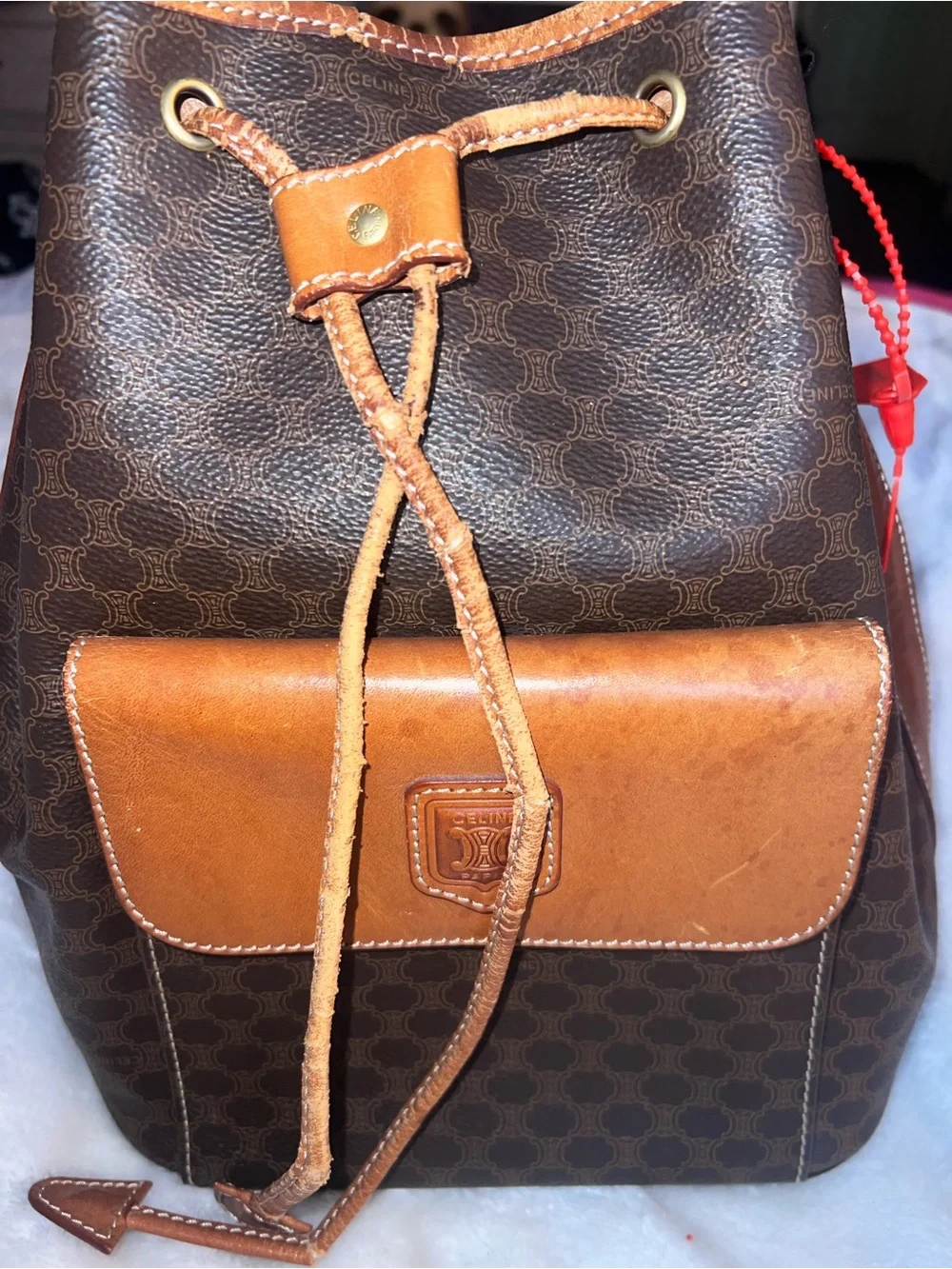 Celine Brown Monogram & Tan Leather Drawstring Backpack